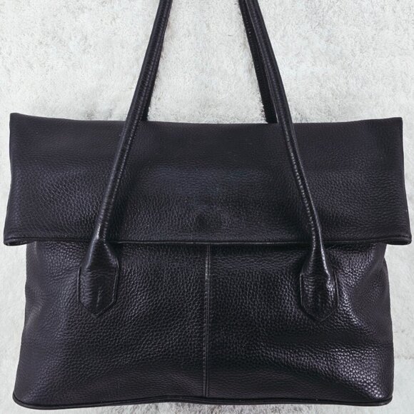 Barr + Barr Handbags - BARR & BARR Large Black Pebble Leather Double Handle Fold Over Shoulder Bag